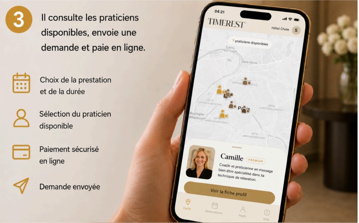 Carte des praticiens disponibles et fiche praticienne dans l'app Timerest