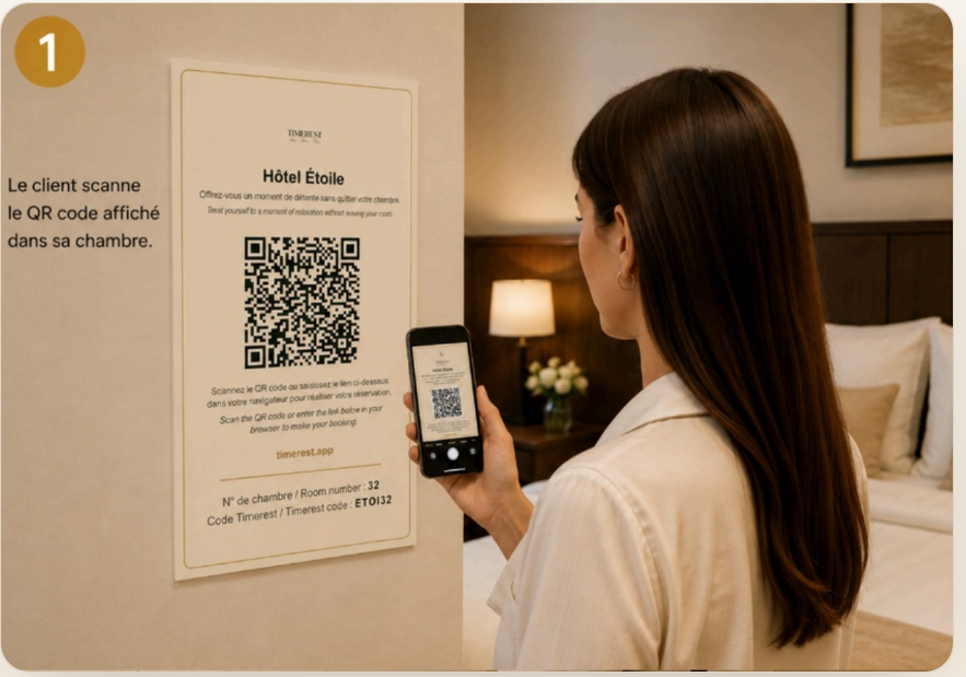 Cliente scannant le QR code Timerest affiché dans sa chambre d'hôtel
