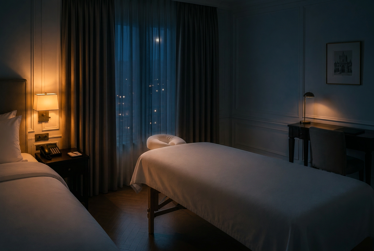 Chambre d'hôtel avec table de massage installée près de la fenêtre