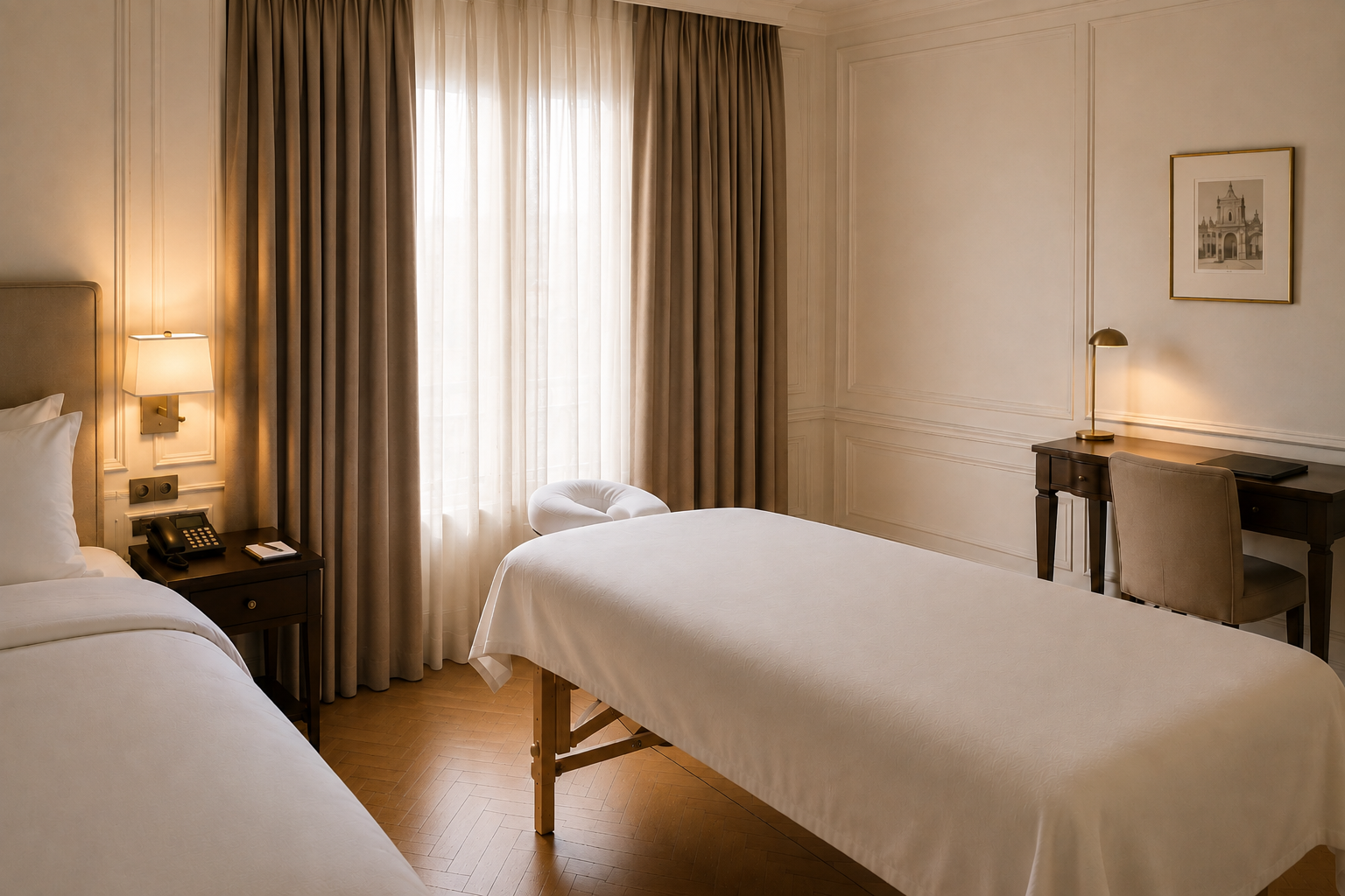 Chambre d'hôtel avec table de massage installée près de la fenêtre